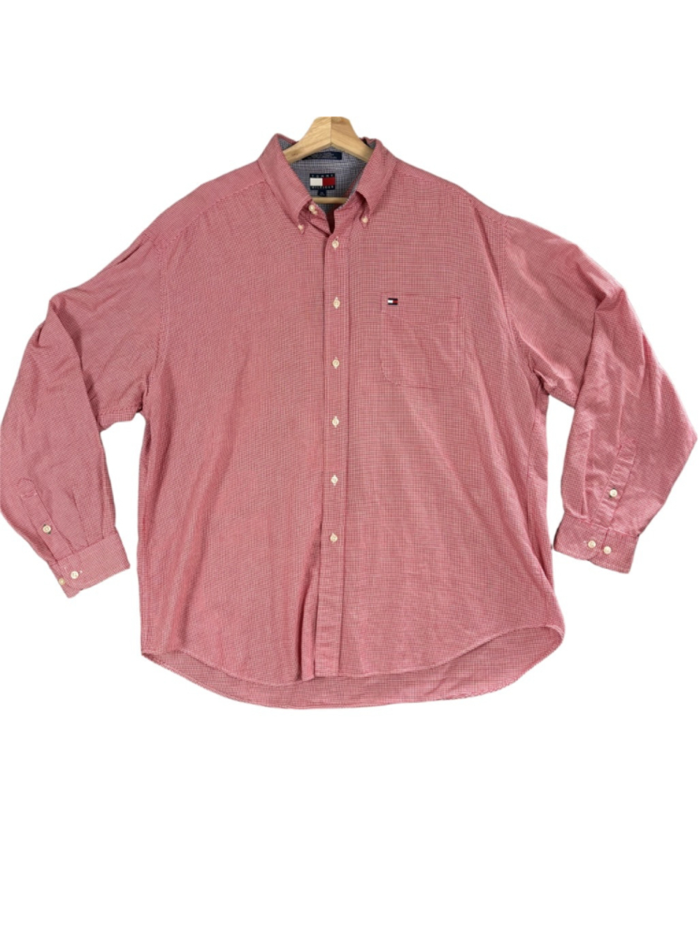 Vintage Tommy Hilfiger Men XL Red Houndstooth Button Down Shirt Cotton